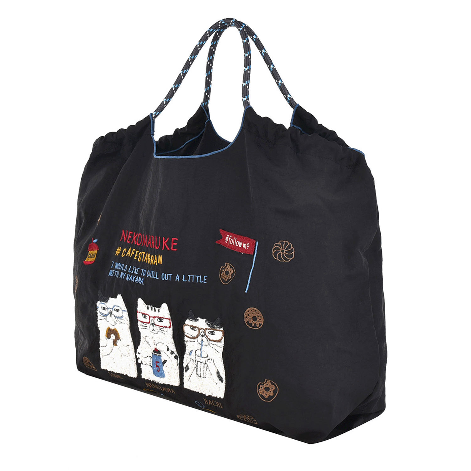 撥水加工刺繍ワッシャーバッグ L ネコまるけ柄 - 画像2