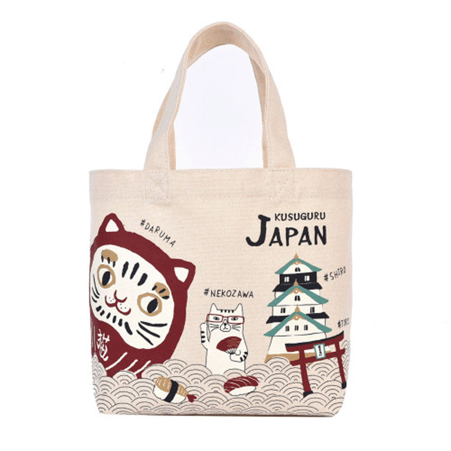 和柄キャンバスプチトートバッグ 猫だるまとネコザワ柄