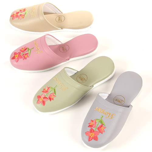 花刺繍 合皮スリッパ